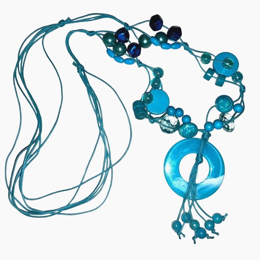 Aqua Turquoise Beaded‎ Necklace Boho Circle Pendant Tassel Statement